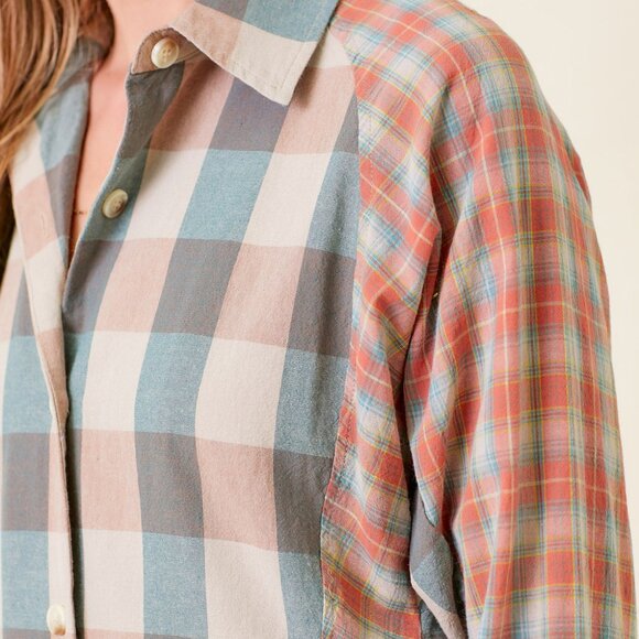 MYSTREE Mixed Plaid Button Down Shirt Neutral Blue & Rust Long Sleeve Casual Top - Picture 8 of 8